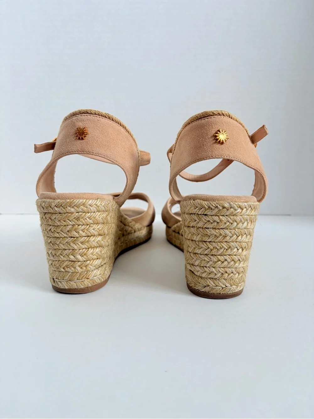 Stuart Weitzman Espadrille Wedge Sandals Platform Suede Raffia Tan Beige Size 9 - Picture 8 of 14
